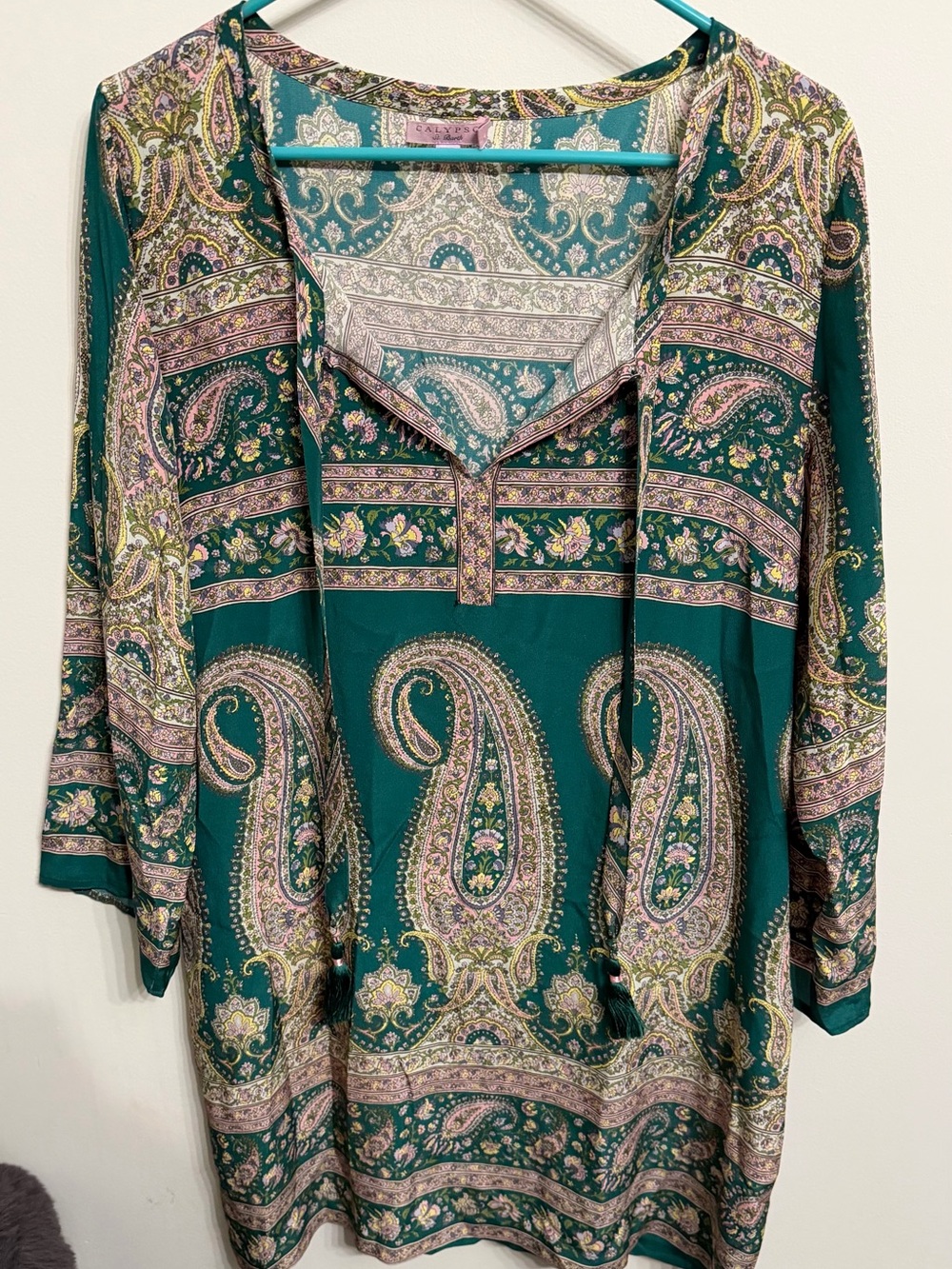 Calypso St. Barth Green Paisley Boho Blouse